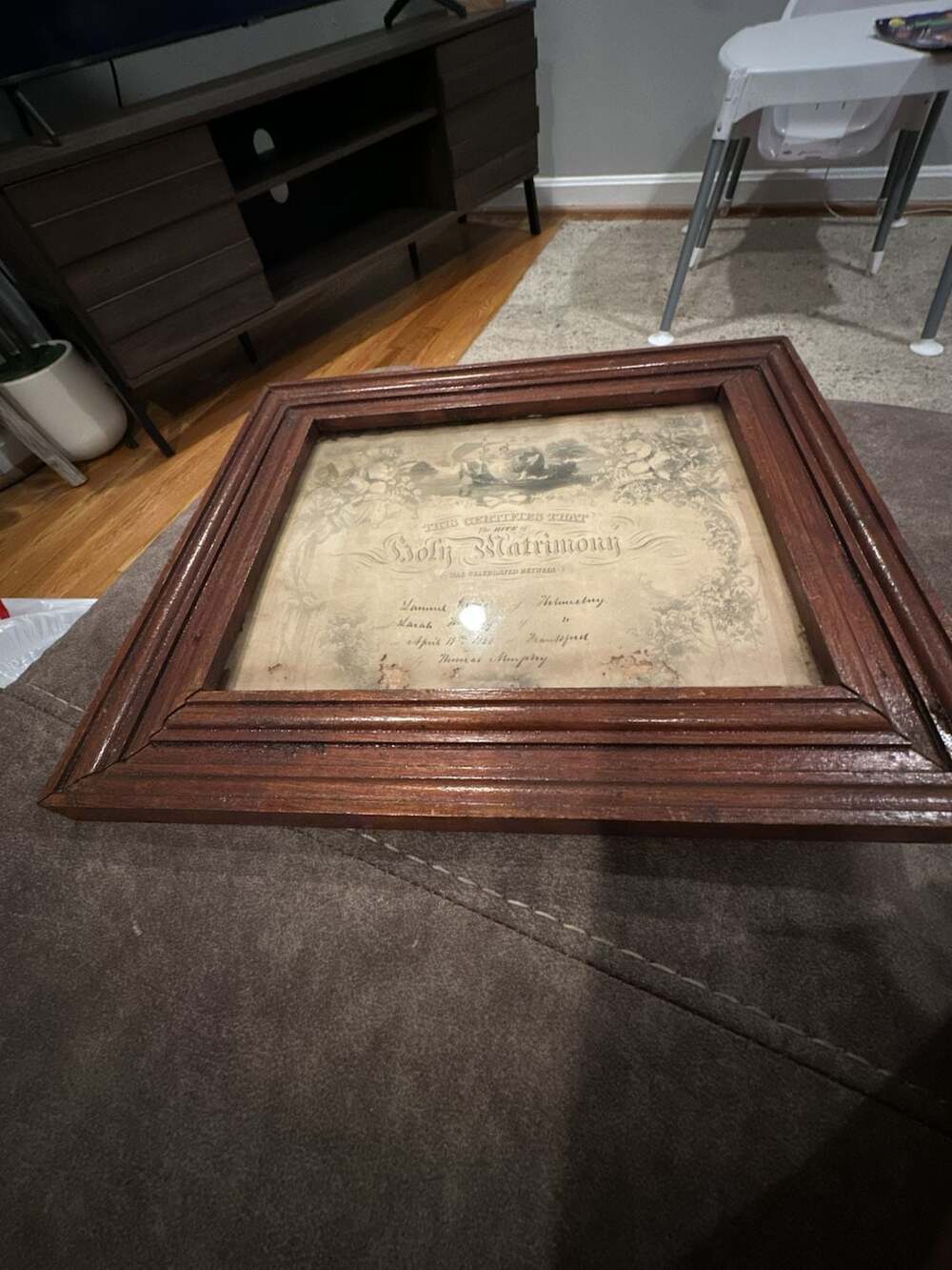Antique 1860 Framed Marriage Certificate Samuel Craig and Sarah Huntley